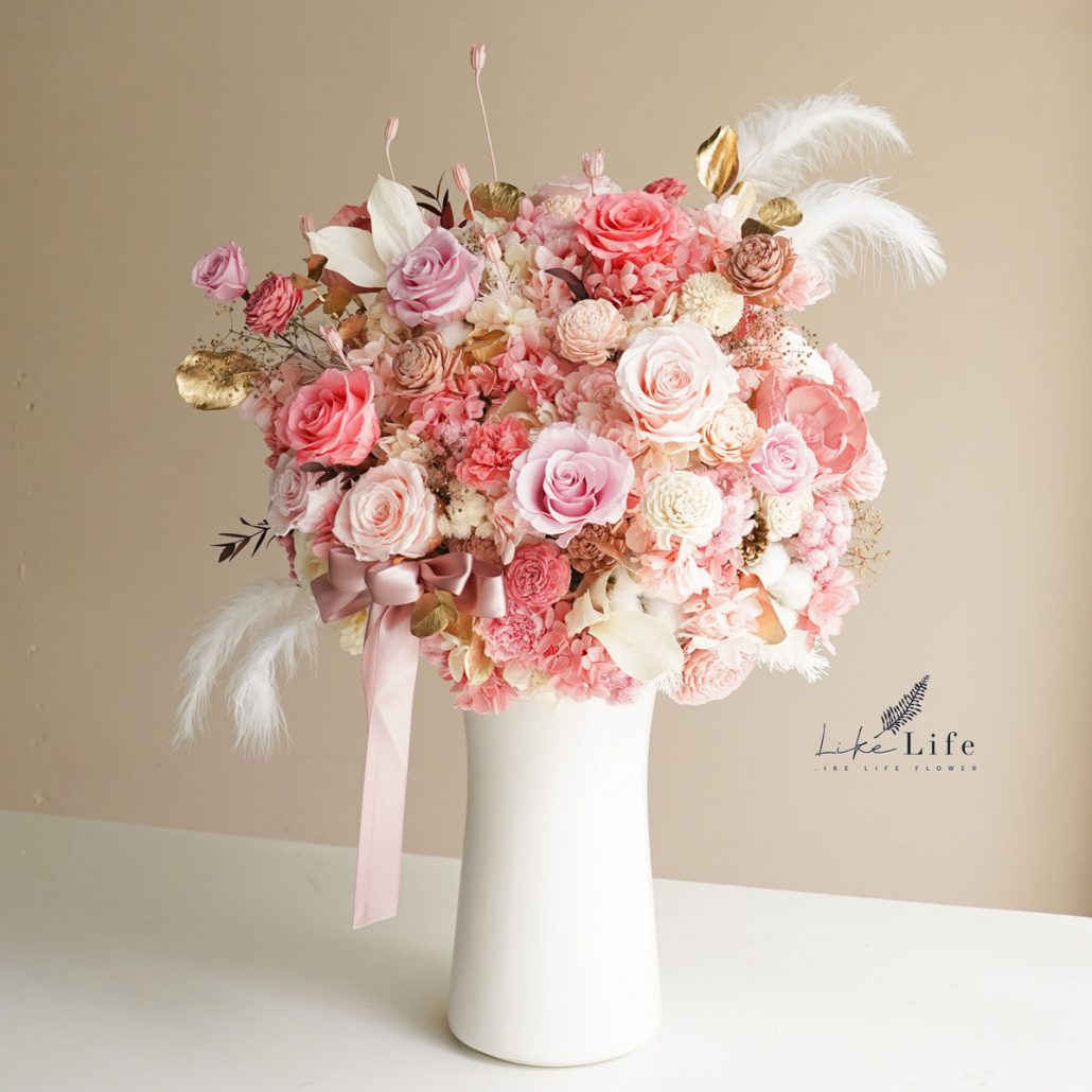 大型永生花盆栽粉色作品